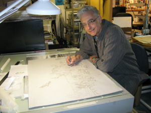 Monte Dolack working on an early sketch of the painting.